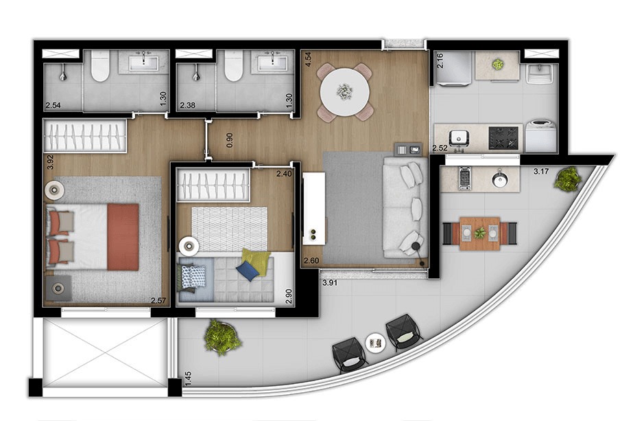 Planta tipo apartamento 70m² - 2 Dormitórios - Suíte - 1 vaga - Trends Brooklin