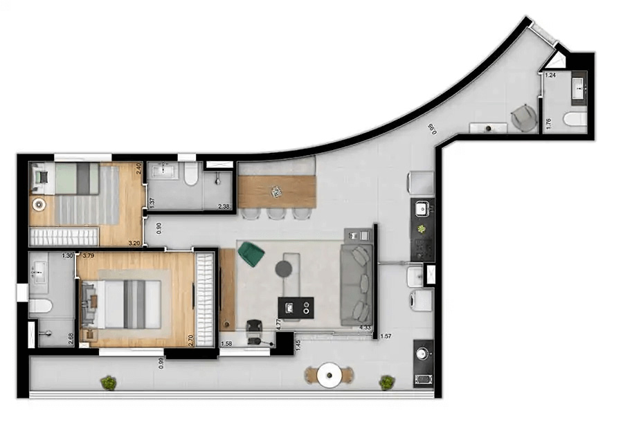 Planta tipo apartamento 94m² - 2 Suíte - 2 vagas - Trends Brooklin