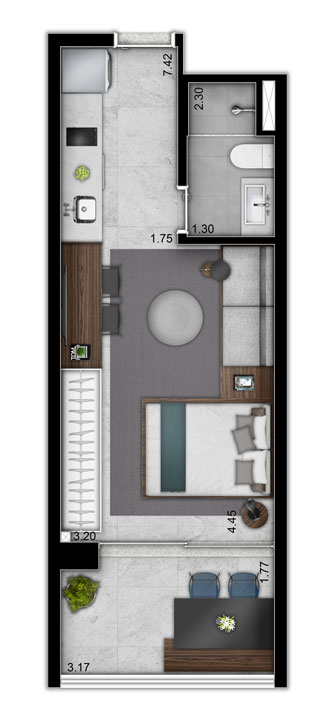 Planta tipo Studio 33m² - Trends Brooklin